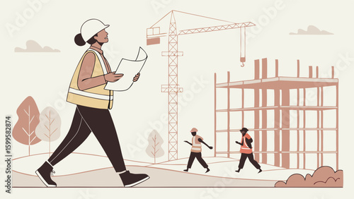 Construction Workers and Architect Inspecting a Building Site.