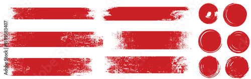 Straight red ink vector lines pack. Bloody color long and round hand-drawn brushstroke text highlights  frames  circles. Asian calligraphy brushstroke set.