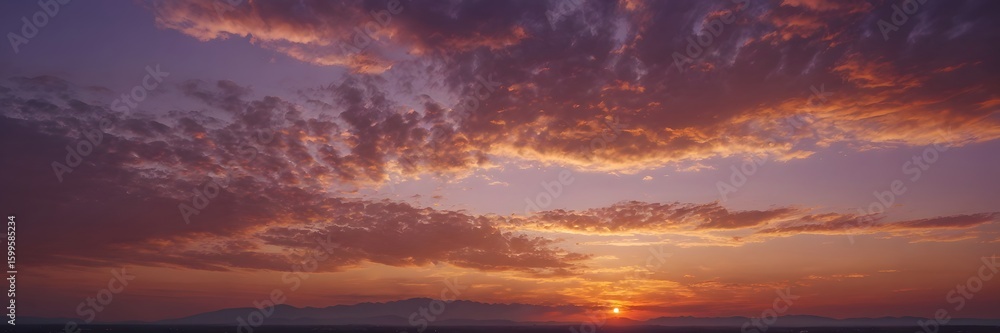 Fototapeta premium Vivid Sunset Sky with Purple Orange Clouds Over Mountain Range During Evening