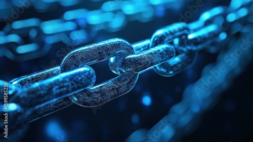 A metallic chain with a blue glow, possibly representing blockchain technology or a digital network.