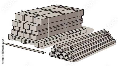 Stacked Building Blocks on Pallet with Long Pipes and Pry Bar.