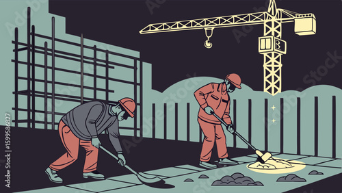 Two construction workers working with shovels at a construction site.