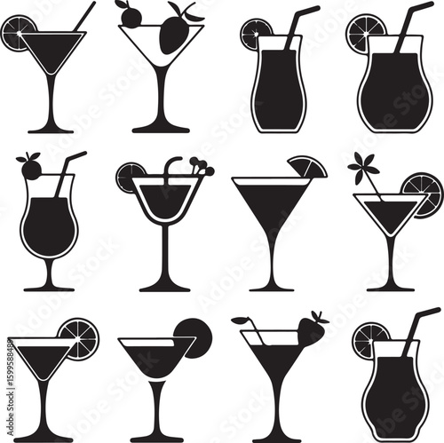 Cocktail glass silhouettes with fruit and straws drink martini