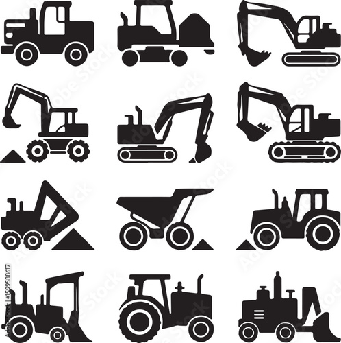 Construction vehicles excavators tractors dump trucks loaders silhouette heavy machinery
