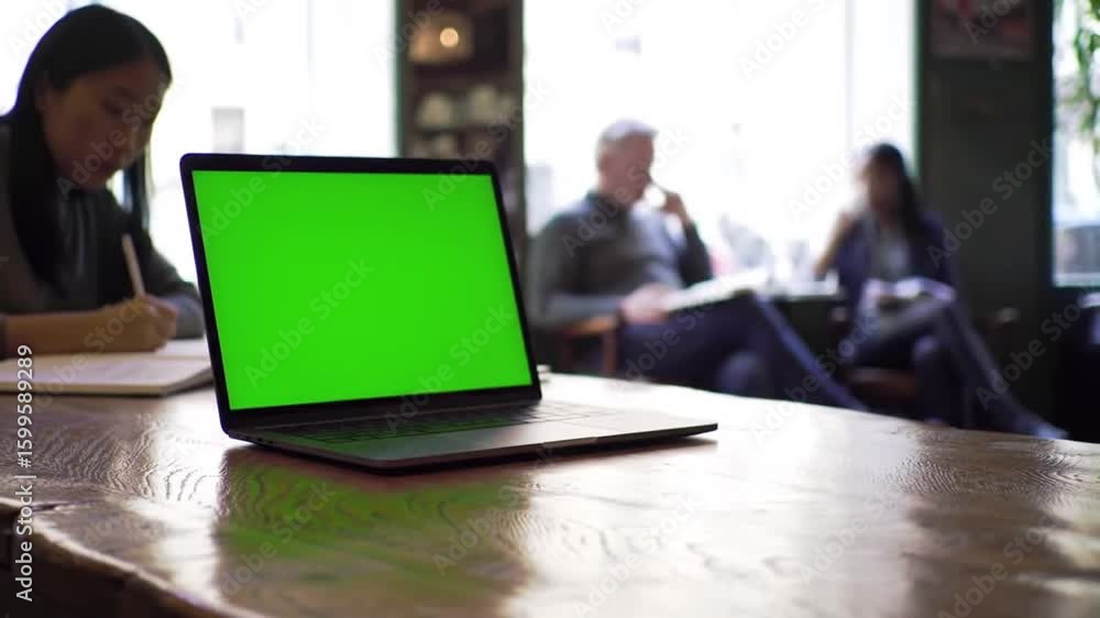Close-up of a laptop with a green screen on a wooden table in a busy cafe, representing a modern remote work lifestyle. Close-up of a laptop with a green screen on a wooden table in a busy cafe, representing a modern remote work lifestyle.