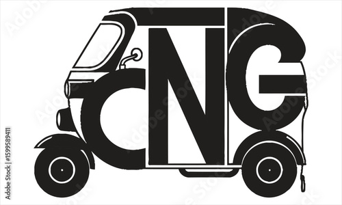 Black auto rickshaw with letters C N G transportation vehicle