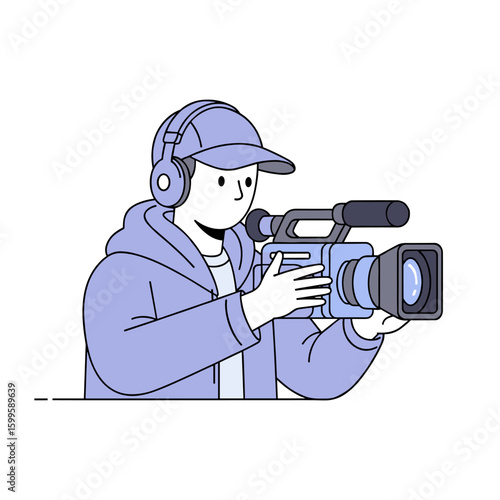 Vector illustration of a smiling male videographer holding a professional camera, ready for a film production or media broadcast.