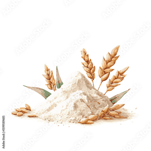 Ears of wheat and pile of flour watercolor illustration isolated