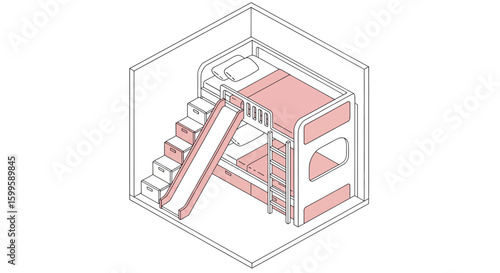 bunk bed with slide and storage drawers in pink and white