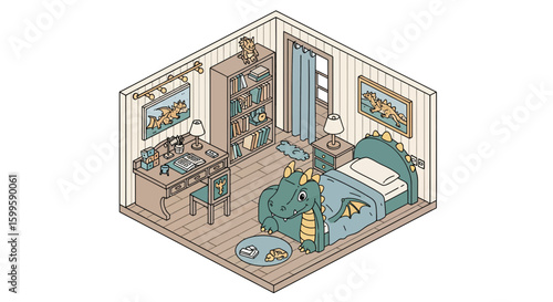 Children's bedroom with a dragon plush toy and animal artwork