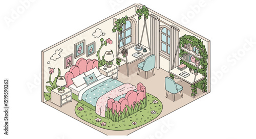 Cozy bedroom with pink upholstered bed and decorative plants