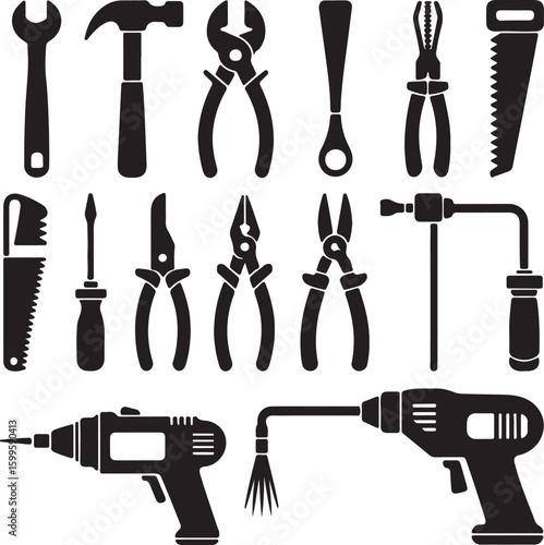 Wrench hammer pliers saw screwdriver drills and torch silhouette tools