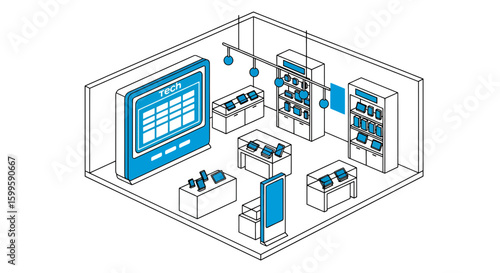 electronic gadgets store interior with display screens and shelving units