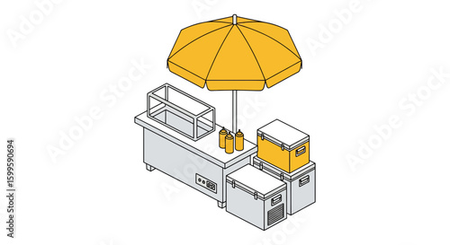 Food stand with umbrellas and containers for outdoor market