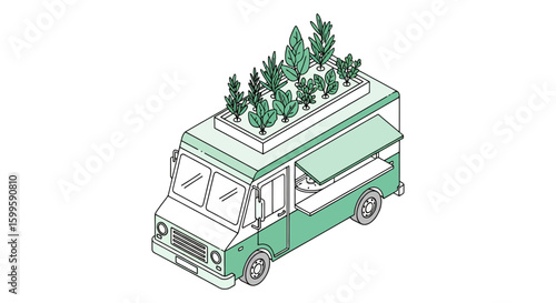 Food truck with rooftop garden for outdoor catering and mobile business