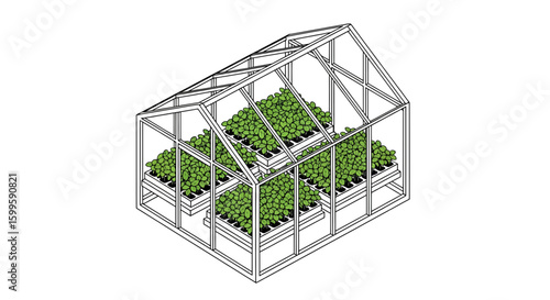 Greenhouse with potted plants for gardening and farming
