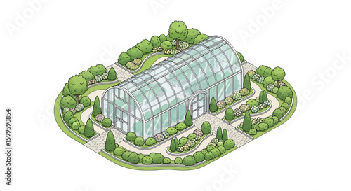 greenhouse with surrounding garden and pathways in spring