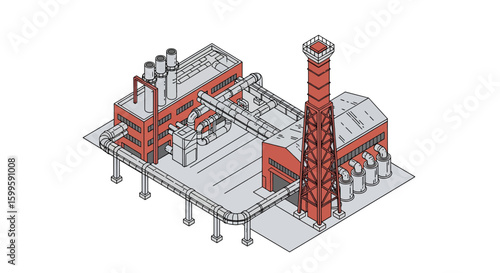 Industrial factory with pipelines and smokestack for manufacturing