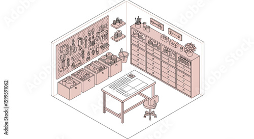 Interior of a workshop with shelves and workbench
