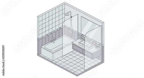 isometric bathroom with bathtub shower and vanity