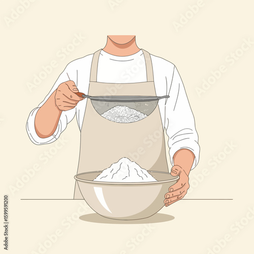 Person Sifting White Flour with Metal Sieve Into Beige Bowl