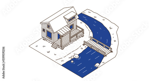 isometric cabin with bridge over river and landscape