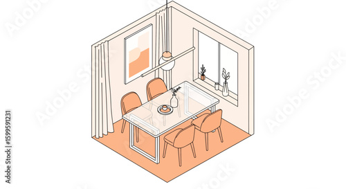 isometric dining room with chairs and table in pastel colors