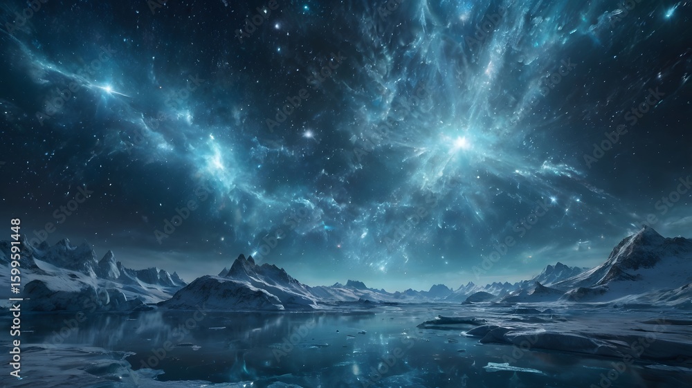 Fototapeta premium Night Sky With Bright Stars Over Icy Mountain Landscape Under Milky Way