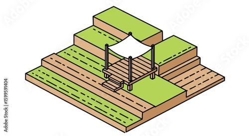 isometric outdoor patio with wooden deck and canopy for outdoor seating