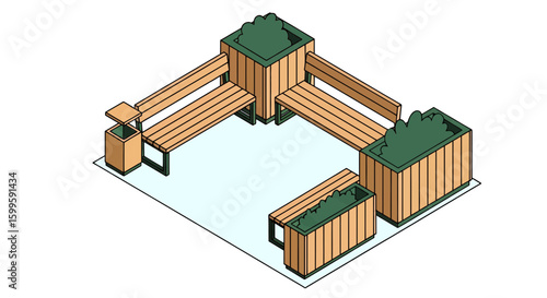 isometric park with benches and planters for outdoor decor
