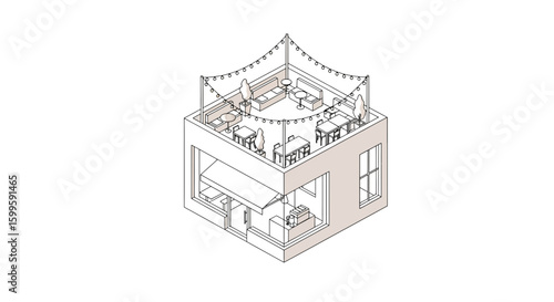 isometric rooftop outdoor dining space with string lights and seating