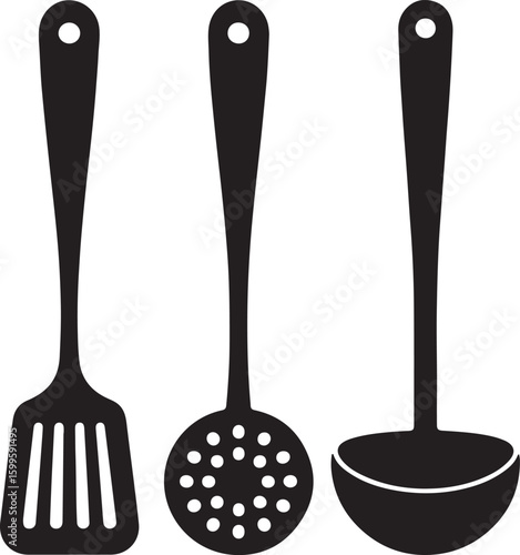 Black silhouette of kitchen utensils including a slotted spatula a skimmer and a ladle