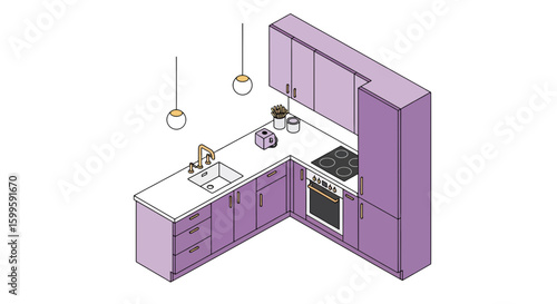 isometric view of a kitchen with purple cabinets and appliances