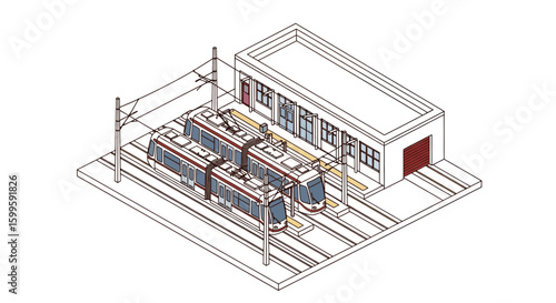 isometric view of electric train and railway station building