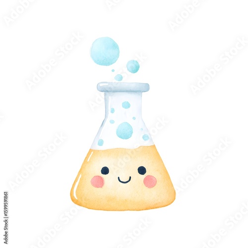 Cute Cartoon Lab Flask with Bubbles and Smiling Face Illustration
