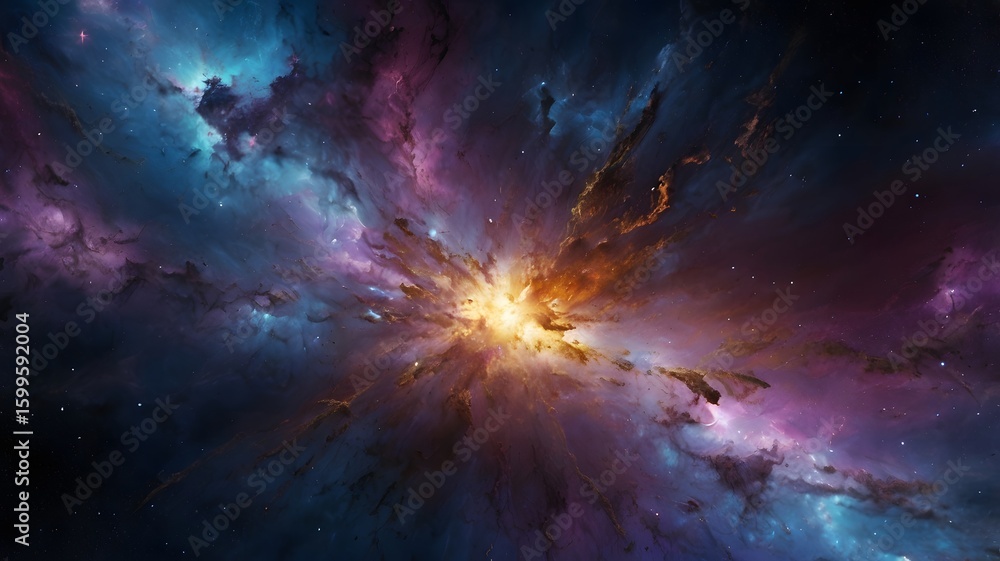 Obraz premium Colorful Nebula in Deep Space with Bright Central Explosion