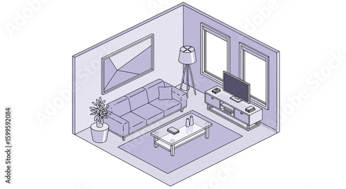 Living room interior with sofa TV and decor items