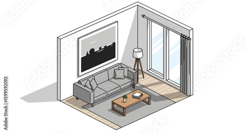 Living room with sofa and large window curtains