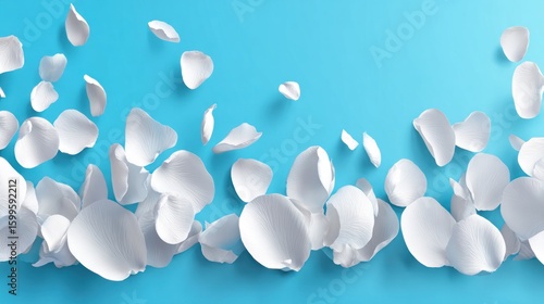 White rose petals scattered on a light blue background.