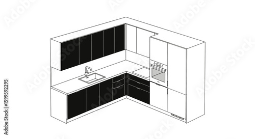 L-shaped kitchen with cabinets sink and oven in black and white