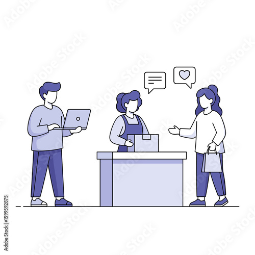 Customer Service Interaction Illustrative depiction of buyers and seller roles, promoting retail, showcasing a **transaction** at the counter for purchasing an item