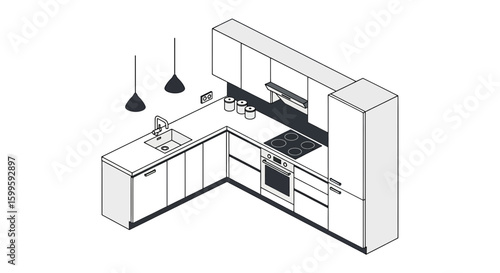 modern kitchen with cabinets sink and appliances for interior design