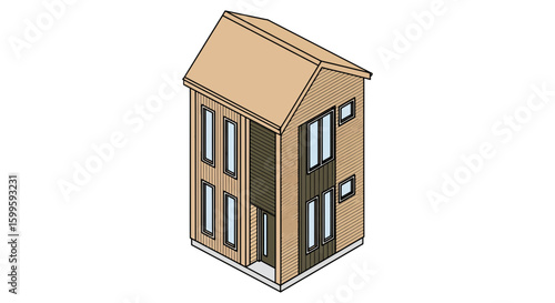 modern wooden house with multiple windows and sloped roof