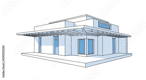 Modern two-story house with large windows and flat roof