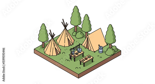 outdoor camping scene with tents and trees for recreational use