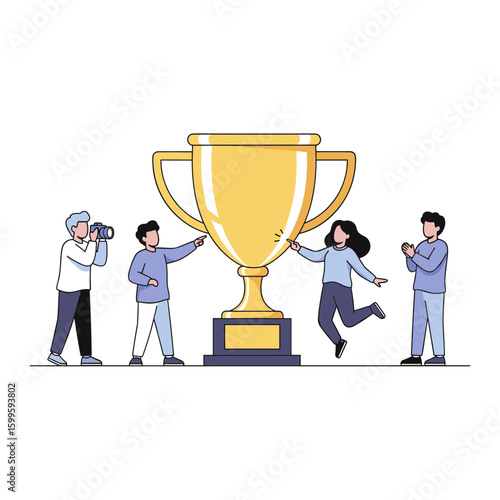 A successful team celebrates their collective victory, gathering around a giant golden trophy to honor their amazing achievement and shared goal.