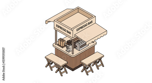 small outdoor coffee stand with seating area and signage
