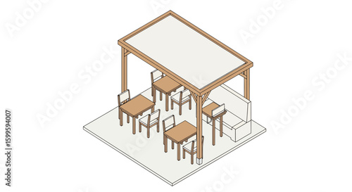 wooden outdoor dining area with tables and chairs