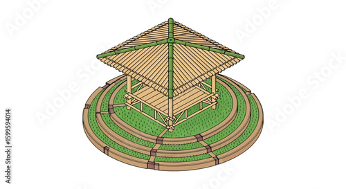 Wooden gazebo with thatched roof in outdoor setting