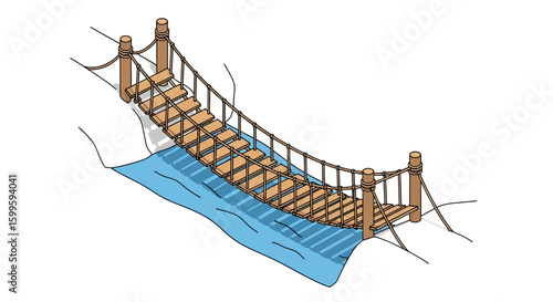 wooden suspension bridge over river in outdoor setting